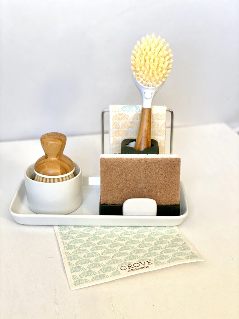 Best things from grove collaborative sink caddy for sponge, bubble up and dish brush.  It also has a holder to hang your dishcloth.