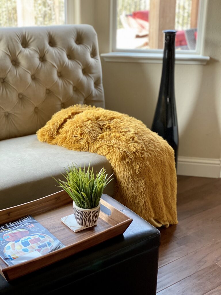 Upholstered Cream Sofa in bay window