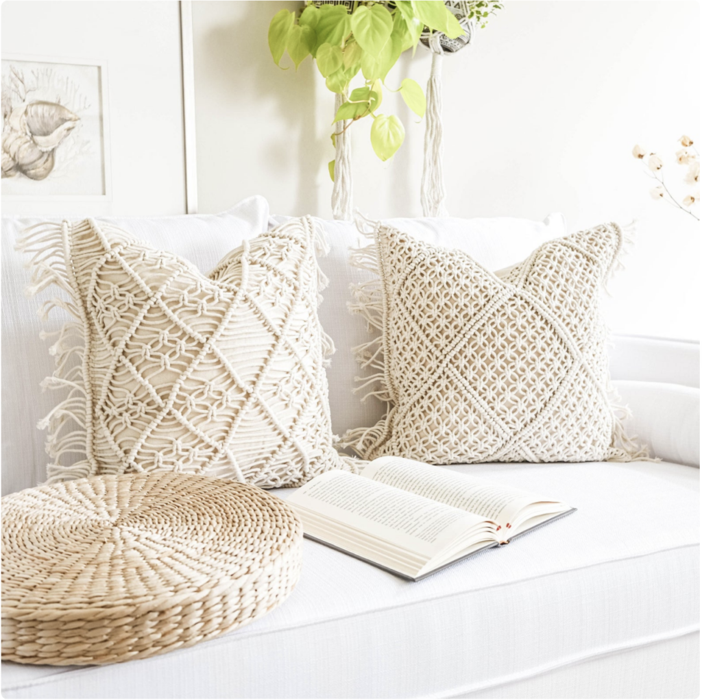 white macrame pillow covers