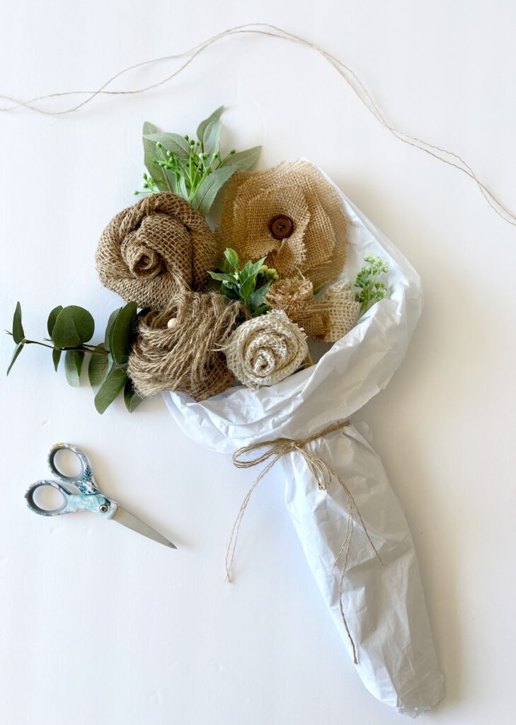 Burlap Flower Bouquet  Burlap crafts, Burlap flowers, Fabric flowers diy