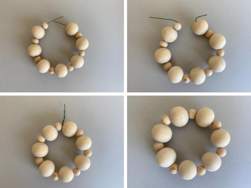 Showing how to make DIY wooden bead Christmas ornaments with round beads