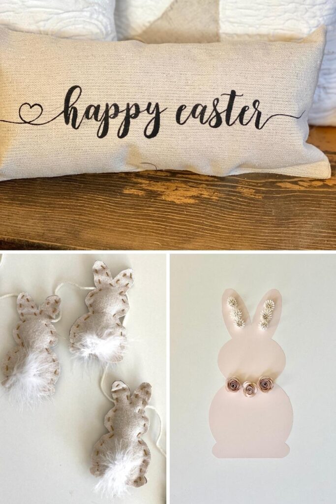 Easter Cricut Ideas with an Cricut Easer pillow, Cricut fabric banner and a Cricut Easter bunny decoration made with pink paper and rolled paper flowers
