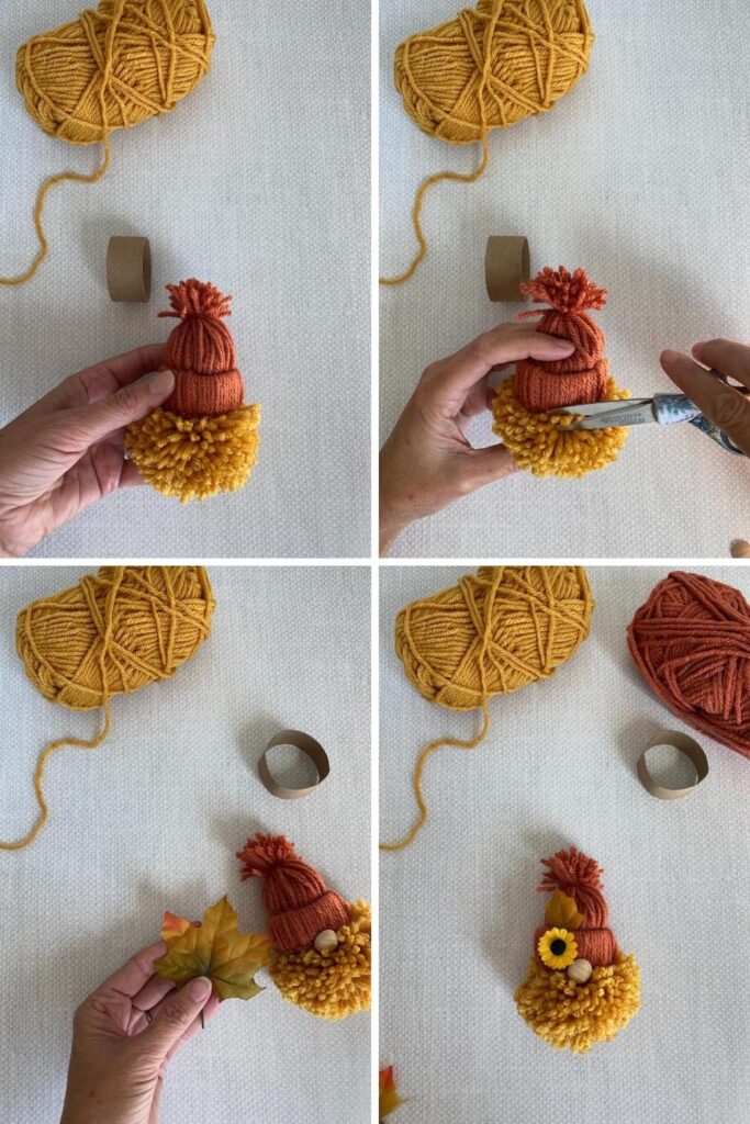 DIY yarn gnomes being made