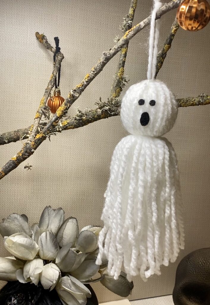 DIY yarn ghost ornaments