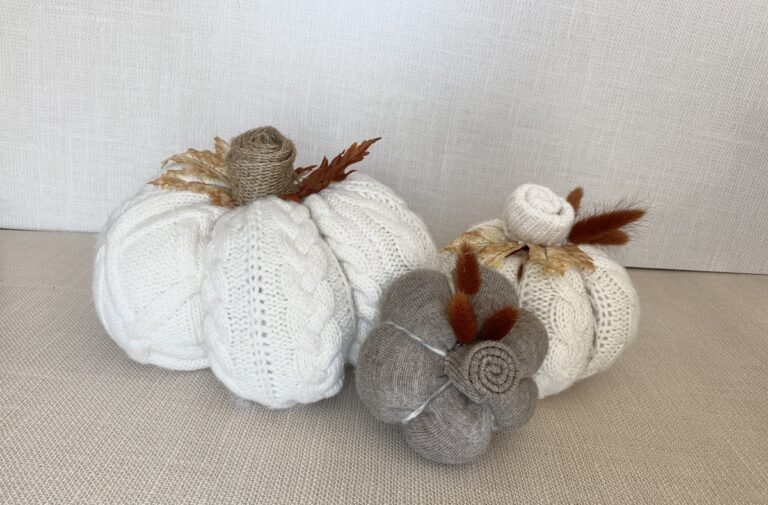 Sweater pumpkins with fall decorations