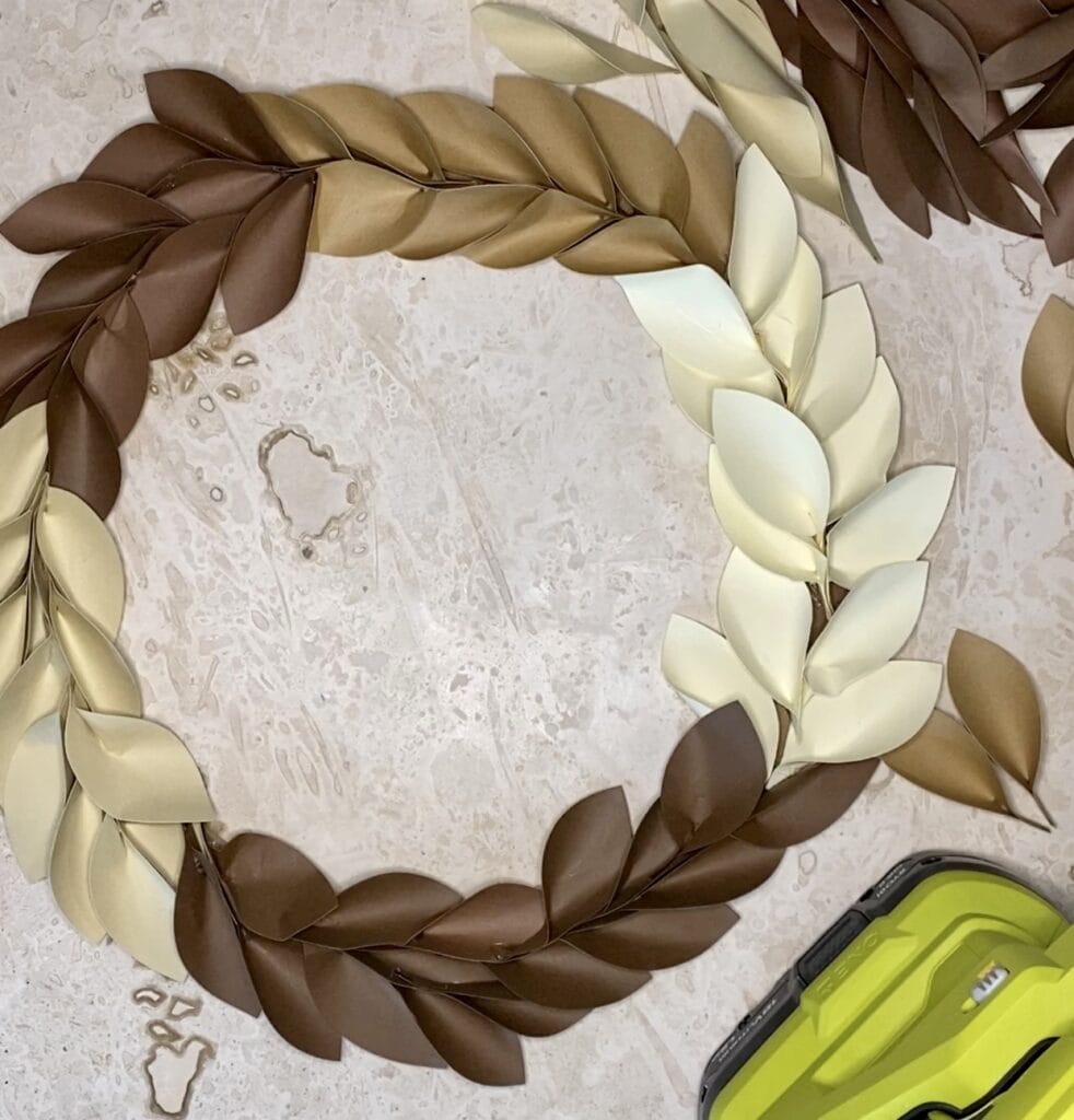 Making a wreath with paper leaves