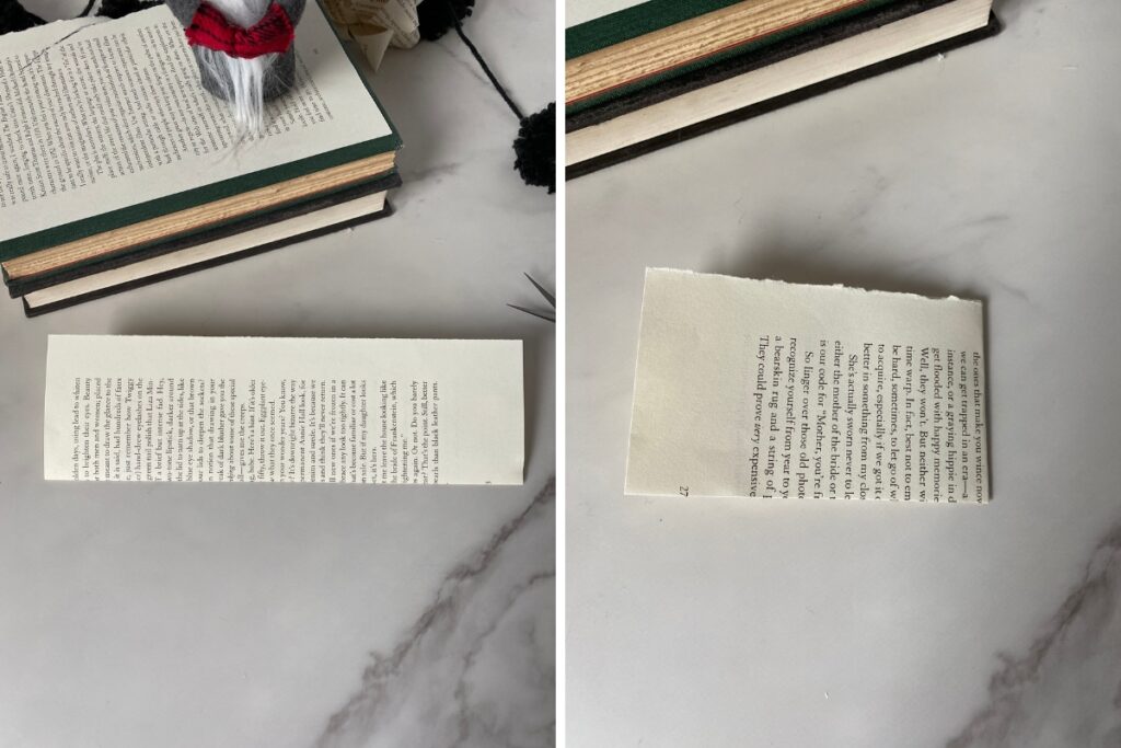Showing how to make a paper bow with book pages 