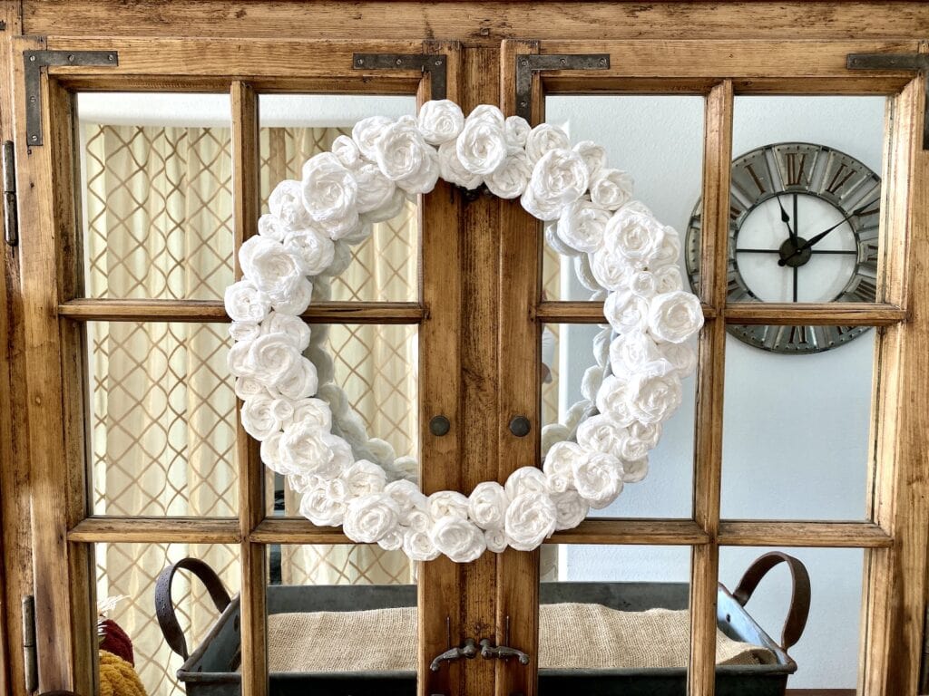 DIY coffee filter wreath made with coffee filter roses (flowers)