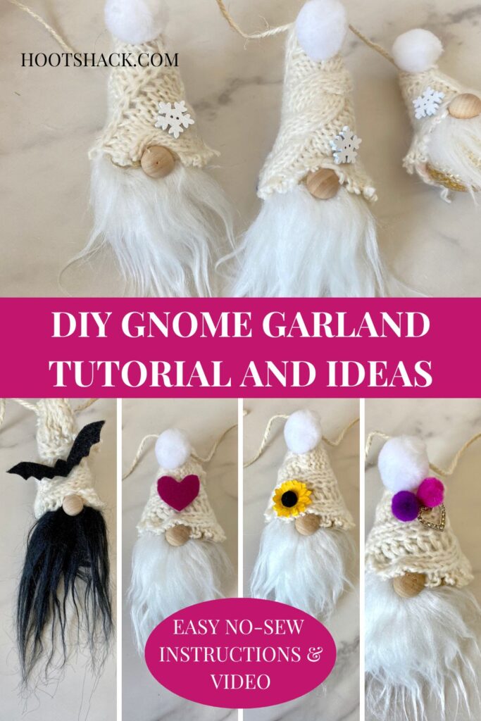 DIY Gnome Garland Tutorial and ideas graphic for pinterest.  Photo has different DIY gnomes