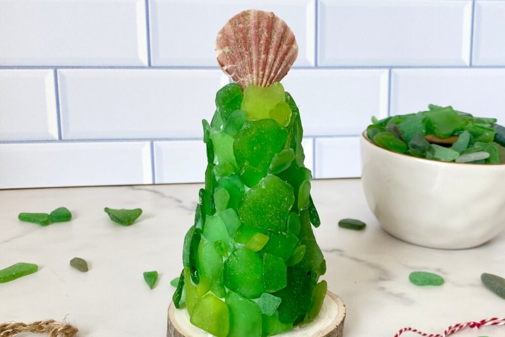 Sea glass Christmas tree and a bowl of green sea glass