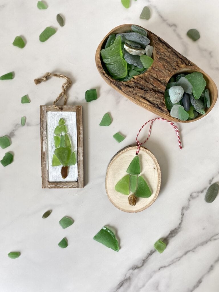 Christmas tree ornaments made with sea glass and bowl with green sea glass.