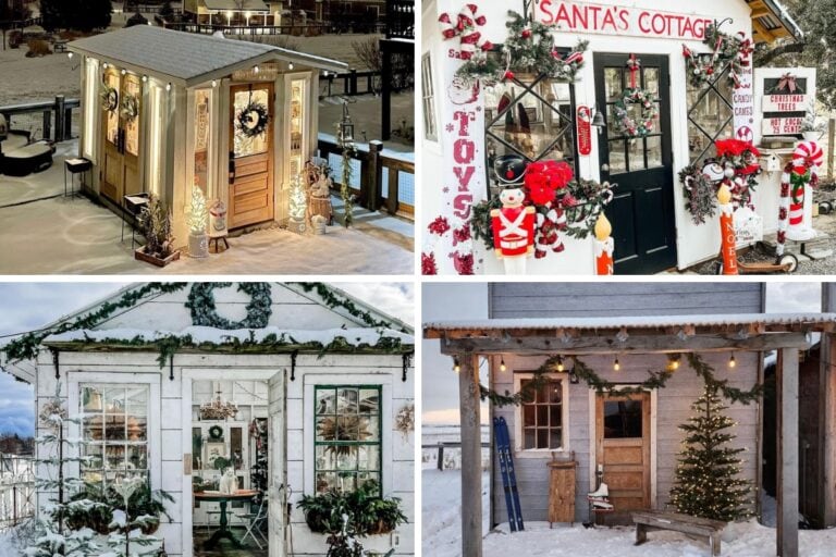 sheds decorated for Christmas